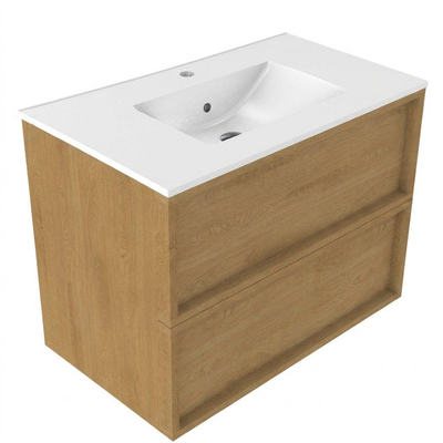 Saniclass Holz Frame Ensemble meuble de salle de bains - 80x45x62cm - Lavabo Vygo en céramique blanc - 1 vasque - 1 trou de robinetterie - 2 tiroirs - chêne natural mat (bois)