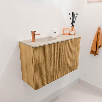 Mondiaz JOYA-DLUX 71.6cm toiletmeubel - ronding rechts kleur Oak - Wastafel FAYE positie Links 1 kraangat kleur Frappe.