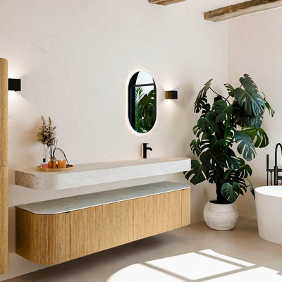 MONDIAZ THOR-DLUX 190cm badmeubel ronding links + rechts kleur Oak met 2 lades en 2 deuren. Vrijhangende wastafel CLOUD Rechts 1 kraangat kleur Opalo.