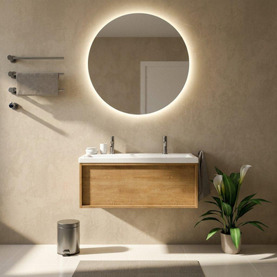 Saniclass Holz Frame Ensemble meuble de salle de bains - 100x45x43.5cm - Bari lavabo en céramique blanc - 1 vasque - 2 trous de robinetterie - 1 tiroir - chêne natural mat (bois)