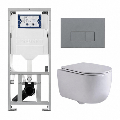 QeramiQ Dely Swirl Pack WC suspendu - 36.3x51.7cm - bâti-support Geberit UP320 - abattant slim - plaque de commande gris clair - boutons rectangulaires - blanc mat