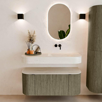 MONDIAZ THOR-DLUX 110cm meuble de salle de bains arrondi gauche + droite couleur Shadow avec 1 tiroir et 2 portes. Vasque suspendue CLOUD Droite sans trou de robinet couleur Meli.