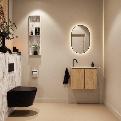 MONDIAZ TURE-DLUX Meuble toilette - 60cm - Washed Oak - EDEN - vasque Glace - position gauche - 1 trou de robinet