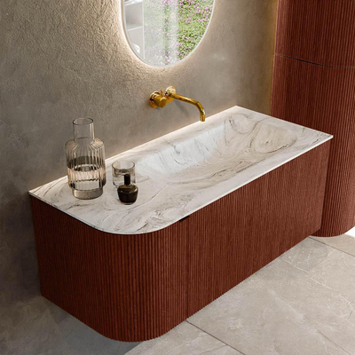 Ensemble de meuble de salle de bain Mondiaz KURVE-DLUX - 105x46x40cm - 1 tiroir - 1 porte - lavabo en solid surface - droite - sans trou de robinet - Ruby