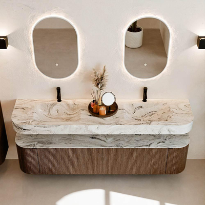 MONDIAZ THOR-DLUX 190cm badmeubel ronding links + rechts kleur Walnut met 2 lades en 2 deuren. Vrijhangende wastafel CLOUD Dubbel 2 kraangaten kleur Glace.