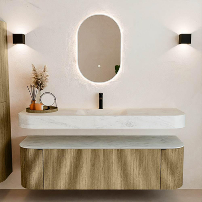 MONDIAZ THOR-DLUX 160cm meuble de salle de bains arrondi gauche + droite couleur Dusk avec 1 tiroir et 2 portes. Vasque suspendue CLOUD Milieu 1 trou de robinet couleur Opalo.