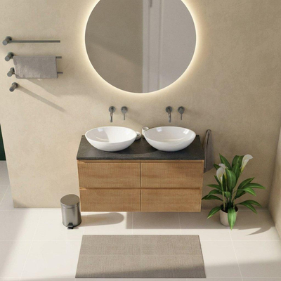 Saniclass Holz Atelier Ensemble meuble de salle de bains - 120x45x63cm - vasque en basalte Noche poli - 1 vasque - sans trou de robinetterie - 2 tiroirs - chêne natural mat (bois)