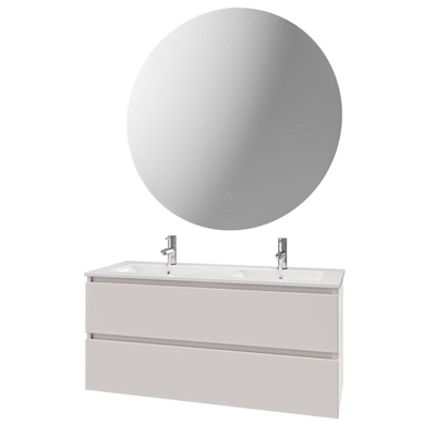 Saniclass Chaci Ensemble meuble de salle de bains - 120x46x55cm - lavabo en céramique blanc - 2 vasques - 2 trous de robinet - 2 tiroirs - miroir rond avec éclairage - cotton mat (beige)