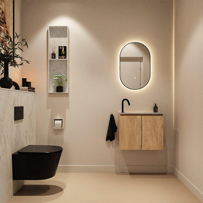 MONDIAZ TURE-DLUX Meuble toilette - 60cm - Washed Oak - EDEN - vasque Opalo - position gauche - 1 trou de robinet
