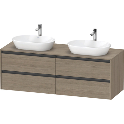 Duravit Ketho.2 Wastafelonderbouwkast - inclusief consoleplaat - met 4 laden - voor dubbele waskommen - 160x55x56.8cm - met handgrepen antraciet - eiken terra mat