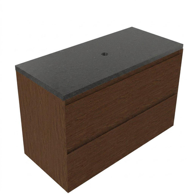 Saniclass Holz Pure Ensemble de meubles de salle de bains - 100x45x63cm - plan vasque en basalte Noche poli (noir) - sans trou de robinetterie - 2 tiroirs - walnut pure mat (bois)