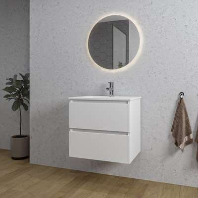 Saniclass Chaci Meuble de salle de bain - 60x46x55cm - lavabo en céramique blanc - 1 vasque - 1 trou de robinet - 2 tiroirs - ronde miroir avec éclairage - blanc mat