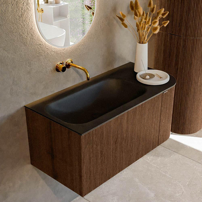 MONDIAZ KURVE 95cm Meuble salle de bain avec module 25 D - couleur Walnut - 1 tiroir - 1 porte - vasque BIG SMALL gauche - sans trous de robinet - Urban