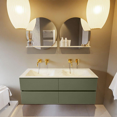 Mondiaz VICA-DLUX ensemble de meuble de salle de bain - 130cm - meuble sous-vasque armée - 4 tiroirs - lavabo encastré nuage double - sans trous de robinet - version haute de 60cm - opalo