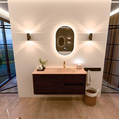 Mondiaz CIRO-DLUX Meuble de salle de bains - 120x45x50cm - Vasque en solid surface Saba - 1 lavabo à droite - 1 trou de robinet - 2 tiroirs - Noyer