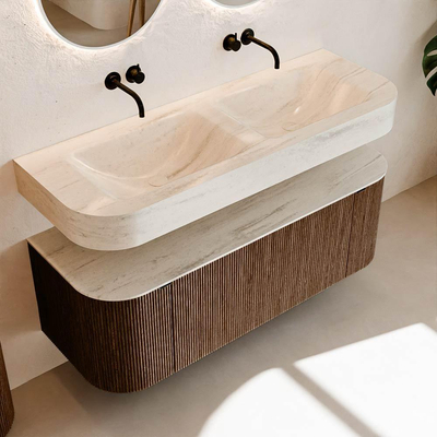 MONDIAZ THOR-DLUX 130cm meuble de salle de bains arrondi gauche + droite couleur Walnut avec 1 tiroir et 2 portes. Vasque suspendue CLOUD Double sans trou de robinet couleur Meli.