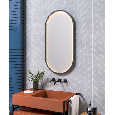 H&R Badmeubelen Ghost spiegel – ovaal – 40x80 cm – indirecte LED rondom – spiegelverwarming – Zwart mat