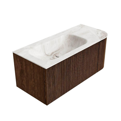 MONDIAZ KURVE-DLUX 105cm badmeubel met module 25 R kleur Walnut met 1 lade en 1 deur. Wastafel BIG SMALL links 1 kraangat kleur Frappe.
