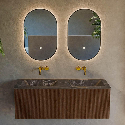 MONDIAZ KURVE-DLUX 120cm badmeubel kleur Walnut met 1 lade. Wastafel LEAF dubbel zonder kraangat kleur Lava.