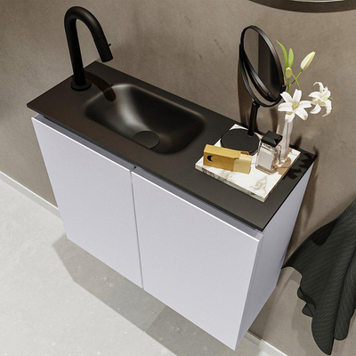 MONDIAZ TURE Toiletmeubel 60x23x50cm met 1 kraangaten 2 deuren cale mat Wastafel Eden links Solid Surface Zwart