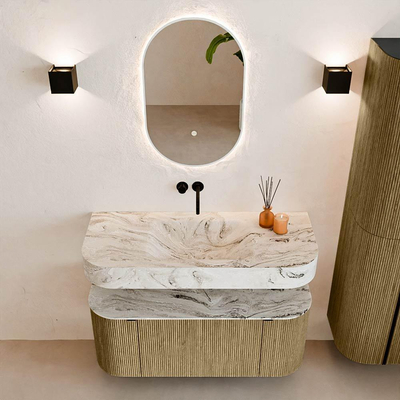 MONDIAZ THOR-DLUX Meuble de salle de bains 110cm arrondi gauche + droite couleur Dusk avec 1 tiroir et 2 portes. Vasque suspendue CLOUD Milieu sans trou de robinet couleur Glace.