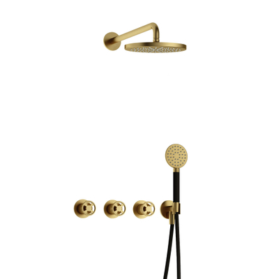 Hotbath Cobber Ensemble de douche de tête encastré - bras mural 38,5 cm - tête de douche ronde 20 cm - douchette 3 jets - Laiton brossé PVD