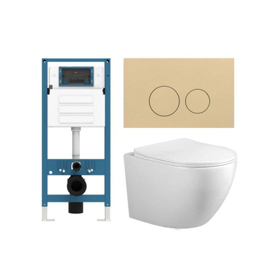 FugaFlow Eccelente Press Toiletset - 48.5x36x32cm - diepspoel - spoelrandloos - inbouwreservoir - softclose - quickrelease - toiletzitting - beige kunststof bedieningsplaat - ronde knoppen - wit