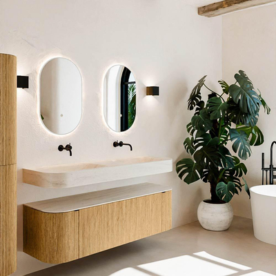 MONDIAZ THOR-DLUX 150cm meuble de salle de bains arrondi gauche + droite couleur Oak avec 1 tiroir et 2 portes. Vasque suspendue CLOUD Double sans trou de robinet couleur Meli.