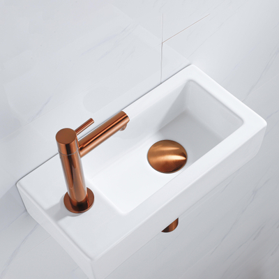 FugaFlow Efficiente Pietra Ensemble fontaine - 37,5x18,5x9cm - céramique - trou de robinet à gauche - robinet de fontaine en cuivre brossé - bouchon de vidange - siphon abaissé - Blanc brillant