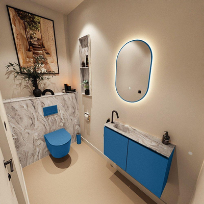 MONDIAZ TURE-DLUX Meuble de toilettes 80 cm Jeans. Lavabo EDEN Glace position gauche. Avec 1 trou de robinet.