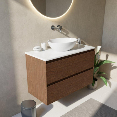 Saniclass Holz Pure Ensemble meuble de salle de bains - 100x45x62.5cm - Plan de toilette Torino en solid surface blanc - sans trou de robinet - 2 tiroirs - walnut pure mat (bois)