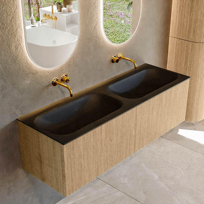 MONDIAZ KURVE 140cm Meuble salle de bain - couleur Oak - 2 tiroirs - vasque BIG SMALL double - sans trous de robinet - Urban