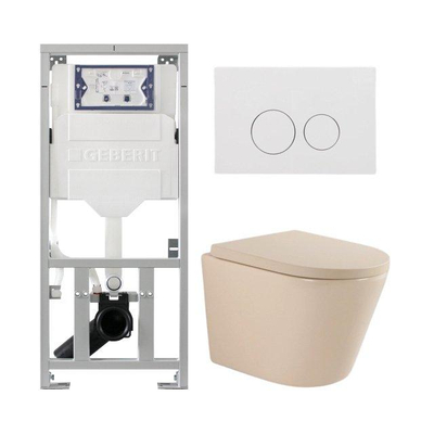 QeramiQ Dely Pack WC - 36,3x51,7cm - à fond creux - sans bride - réservoir WC attenant Geberit UP320 - abattant WC à fermeture douce 35 mm - plaque de déclenchement brillante blanche - boutons ronds - beige mat