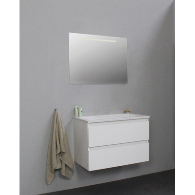 Basic Bella Meuble lavabo acrylique sans trous de robinet avec miroir avec éclairage 80x55x46cm Flat Pack Blanc haute-brillance