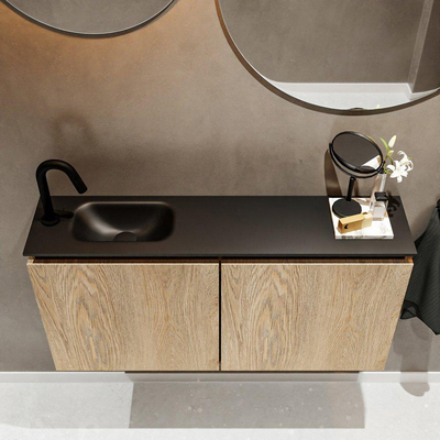 MONDIAZ TURE Fonteinset - 100x23x50cm - 1 kraangat - 2 deuren - washed oak mat - Wasbak links - Solid Surface Zwart