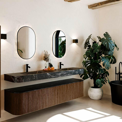 MONDIAZ THOR-DLUX 200cm meuble de salle de bains arrondi gauche + droite couleur Walnut avec 2 tiroirs et 2 portes. Vasque suspendue CLOUD Double 2 trous de robinet couleur Lava.