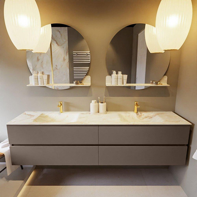 Mondiaz VICA-DLUX Ensemble de meuble de salle de bain - 200cm - meuble sous-vasque fumée - 4 tiroirs - lavabo encastré nuage double - 2 trous de robinet - miroir modèle spot - version XL 60cm de haut - opalo