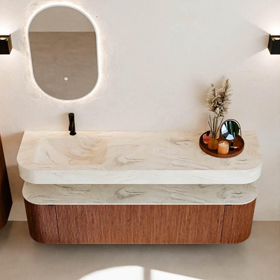 MONDIAZ THOR-DLUX 170cm meuble de salle de bains arrondi gauche + droite couleur Ruby avec 1 tiroir et 2 portes. Vasque suspendue CLOUD Gauche 1 trou de robinet couleur Ostra.