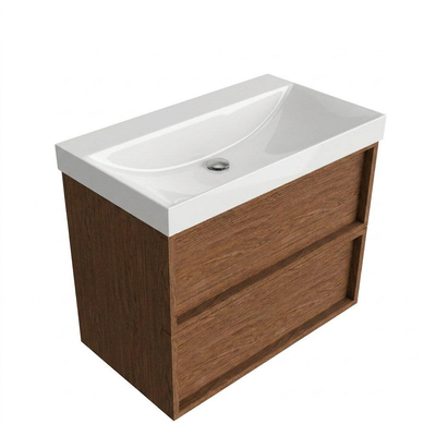 Saniclass Holz Frame Ensemble de meubles de salle de bains - 80x45x67.5cm - Wave lavabo en céramique - 1 vasque - sans trou de robinet - 2 tiroirs - mat walnut pure (bois)