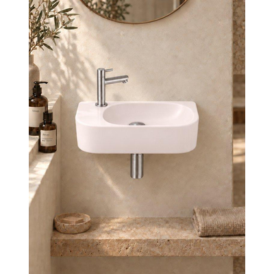 QeramiQ Fuente fonteinset – halfrond – 40x22x12 cm – keramiek linnen – kraangat links – kraan geborsteld RVS
