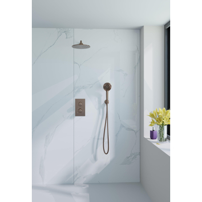 Fortifura Calvi Ensemble de douche à encastrer - thermostatique - bras mural - douche principale de 30 cm - douchette ronde - flexible de douche en métal - cuivre brossé PVD (Cuivre)