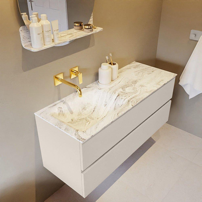 Mondiaz VICA-DLUX ensemble de meuble de salle de bain - 120cm - meuble sous lavabo lin - 2 tiroirs - lavabo encastré cloud gauche - sans trous de robinet - version haute de 60cm - glace