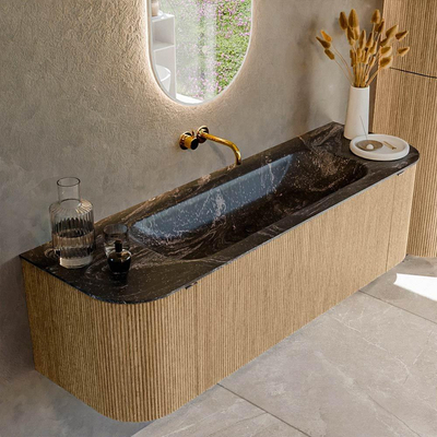 MONDIAZ KURVE-DLUX 150cm badmeubel met module 25 Len R kleur Oak met 1 lade en 2 deuren. Wastafel BIG MEDIUM midden zonder kraangat kleur Lava.