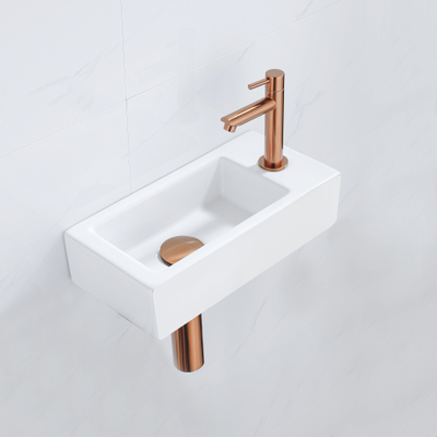 FortiFura Fuente Pack Lave-mains - 36x18.5x9cm - 1 trou de robinet - solid surface - robinet Cuivre - Blanc