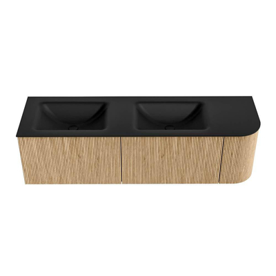 MONDIAZ KURVE 155cm Meuble salle de bain avec module 25 D - couleur Oak - 2 tiroirs - 1 porte - vasque CLOUD double / gauche - 2 trous de robinet - Urban