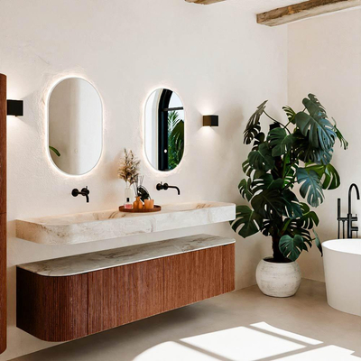 MONDIAZ THOR-DLUX 180cm meuble de salle de bains arrondi gauche + droite couleur Ruby avec 2 tiroirs et 2 portes. Vasque suspendue CLOUD Double sans trou de robinet couleur Frappe.