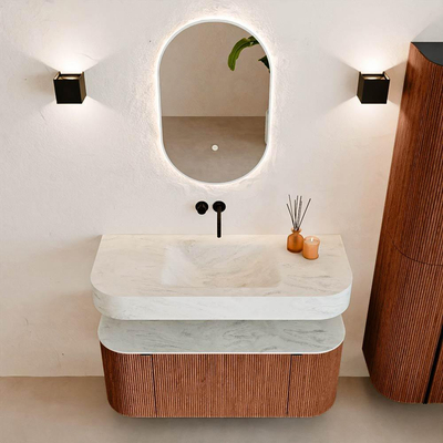 MONDIAZ THOR-DLUX 110cm meuble de salle de bains arrondi gauche + droite couleur Ruby avec 1 tiroir et 2 portes. Vasque suspendue CLOUD Milieu sans trou de robinet couleur Opalo.