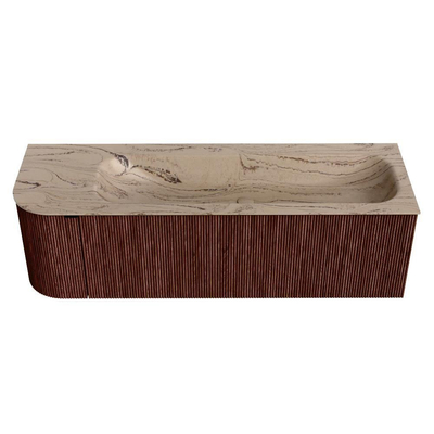 MONDIAZ KURVE-DLUX Meuble de salle de bains 145cm arrondi à gauche couleur Ruby avec 1 tiroir et 1 porte. Lavabo BIG LARGE à droite sans trou de robinet Arena.