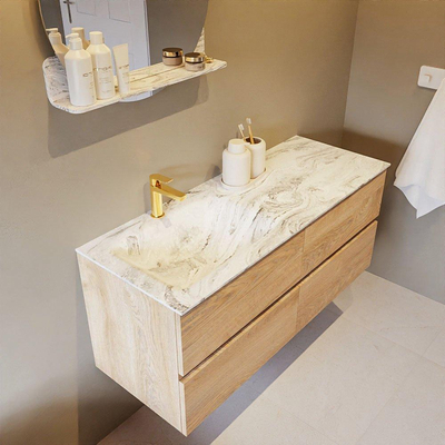 Mondiaz VICA-DLUX ensemble de meuble de salle de bain - 120cm - meuble sous-vasque chêne blanchi - 4 tiroirs - lavabo encastré cloud gauche - 1 trou de robinet - version haute de 60cm - glace