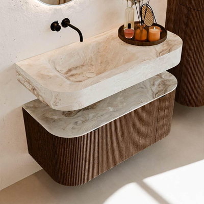 MONDIAZ THOR-DLUX 100cm meuble de salle de bains arrondi gauche + droite couleur Walnut avec 1 tiroir et 2 portes. Vasque suspendue CLOUD gauche sans trou de robinet couleur Frappe.